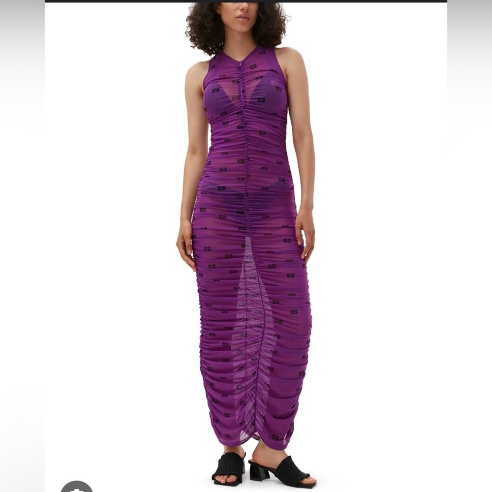 GANNI PRINTED MESH RUCHED DRESS